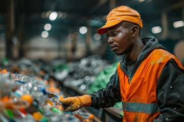 Waste management worker sorting plastic bottles on conveyor belt in recycling plant
