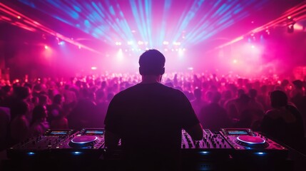 Obraz premium A DJ stands behind the mixing console, skillfully blending tracks while colorful lights illuminate the crowded dance floor, creating an electrifying atmosphere