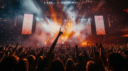 Excitement fills the air as a crowd cheers with hands raised, while colorful confetti cascades down...