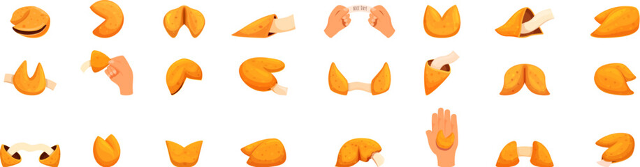 Fortune cookie icons set. Fortune cookie set with hand holding prediction paper and gesture icons set cartoon style on white background