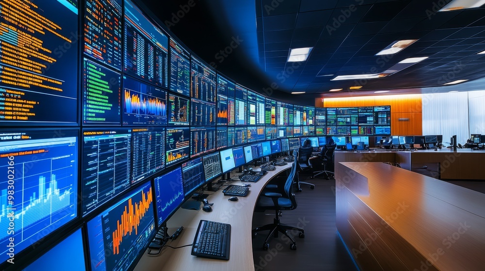 Poster in a bustling network operations center, technicians monitor various screens filled with intricate d