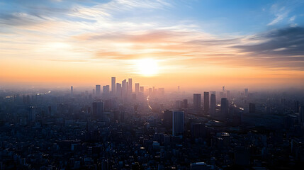 Modern Cityscape with Skyscrapers at Sunset