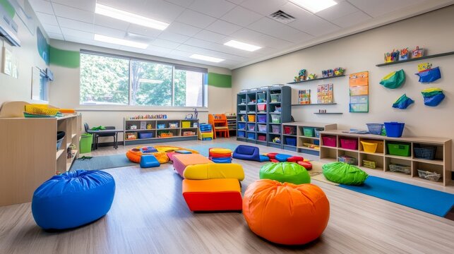 This special education classroom features vibrant furniture arranged in flexible seating configurations, promoting a nurturing and engaging learning environment