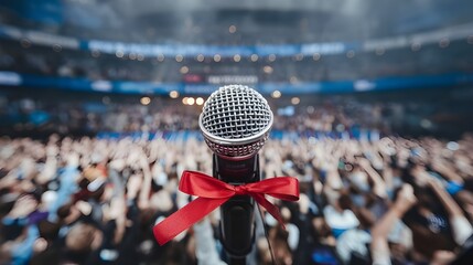 A microphone with a blurry background of a large crowd at a concert or political speech. The microphone has a red ribbon tied around it. The background reveals a sea of people with raised arms. 