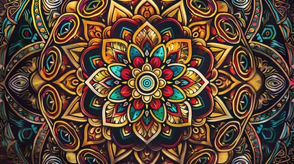 Detailed illustration of a mandala pattern with intricate designs and vibrant colors