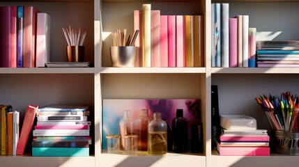 A neatly organized shelf with colorful books and stationery receives soft morning sunlight, creating a workspace ideal for creativity and productivity.
