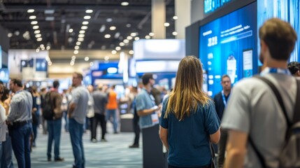 A vibrant tech expo buzzes with activity as attendees engage near information booths, exploring banners and displays showcasing the latest innovations