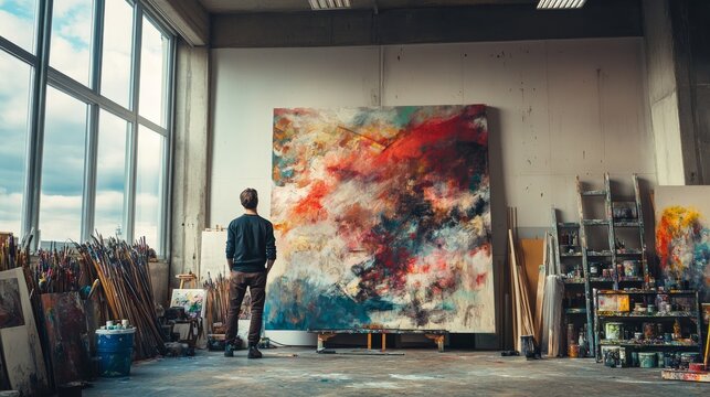 An artist stands thoughtfully in front of a large abstract canvas, contemplating their next move in a spacious studio filled with painting supplies and large windows