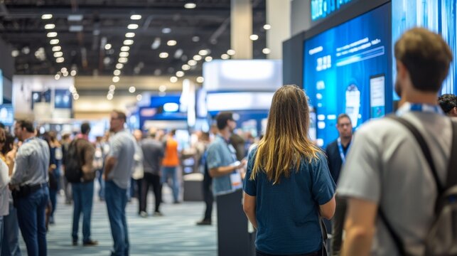 A vibrant tech expo buzzes with activity as attendees engage near information booths, exploring banners and displays showcasing the latest innovations