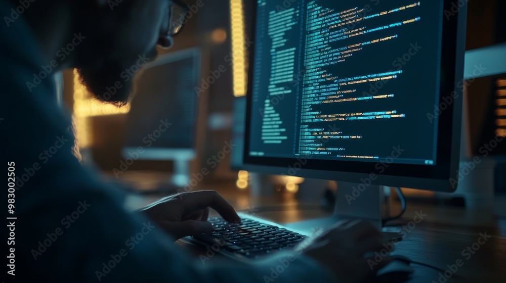 Poster a developer is typing code on a desktop computer, immersed in work in a softly blurred office space.