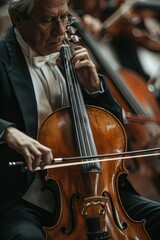 Fototapeta premium Young Cellist Performing in Orchestra Concert with Golden Sunset Lighting