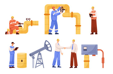Oil Industry Man Worker Character Stand in Uniform Vector Illustration Set