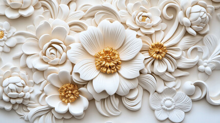 Ornate relief artwork featuring intricate white flowers with golden centers and detailed leaves and petals against a light background.