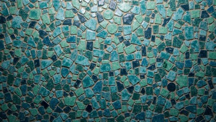 Glossy ceramic mosaic tiles in shades of blue and green with reflective surface and grout lines