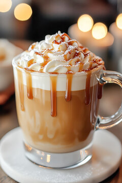 Glass mug of salted caramel latte topped with whipped cream and drizzled caramel, with bokeh lights in the background.