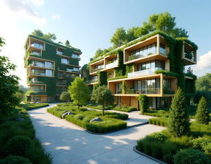 The future of sustainable living through eco-friendly architecture. Capture the essence of green buildings integrating solar panels, wind turbines, and rainwater harvesting systems. 