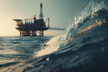 Offshore oil rig at sunset with ocean wave