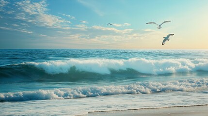 a calming seascape with gentle waves, a clear blue sky
