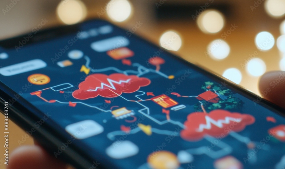 Poster Close-Up of Smartphone Screen Displaying Digital Weather Monitor with Storm Symbols