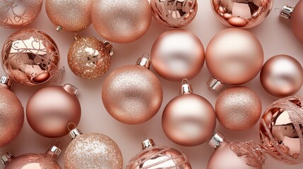 A collection of shimmer and matte rose gold Christmas ornaments is scattered across a clean, neutral background, creating a festive and elegant aesthetic for the holiday season
