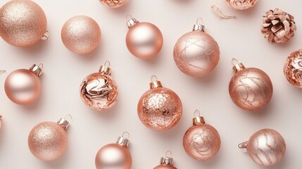 A collection of rose gold Christmas ornaments is scattered on a clean, neutral background, highlighting their elegant designs and shimmering finishes for holiday decor