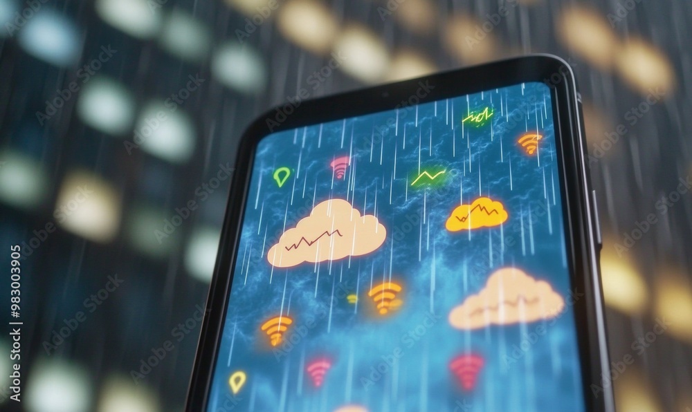 Poster digital weather monitoring on smartphone screen with storm symbols and safety alerts