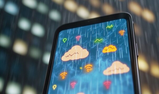 Digital Weather Monitoring on Smartphone Screen with Storm Symbols and Safety Alerts