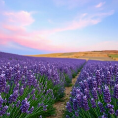 Obraz premium Um campo de lavanda com por do sol
