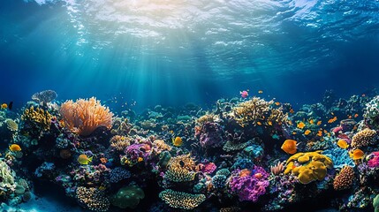 Vibrant underwater shot of a coral reef teeming with life, marine biodiversity, ocean conservation