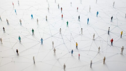 Small abstract figures are arranged in a pattern, connected by fine lines on a flat surface, visually representing interconnectedness and networks among individuals