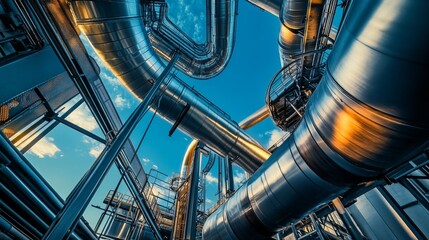 This industrial setting showcases an extensive network of sleek metallic pipes and machinery engineered for capturing and storing carbon emissions, emphasizing modern technology in sustainability