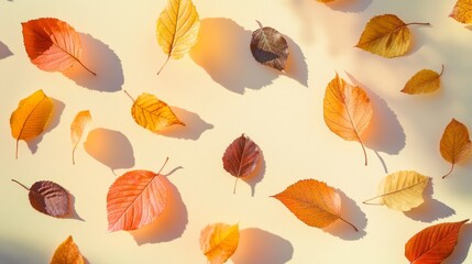 A wide overhead view showcases various autumn leaves in shapes and colors, scattered against a soft pastel background, celebrating the beauty of fall