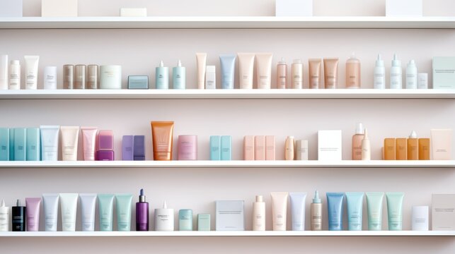 Shelves filled with neatly arranged skincare and cosmetic products in pastel-colored packaging, creating a serene and organized display.