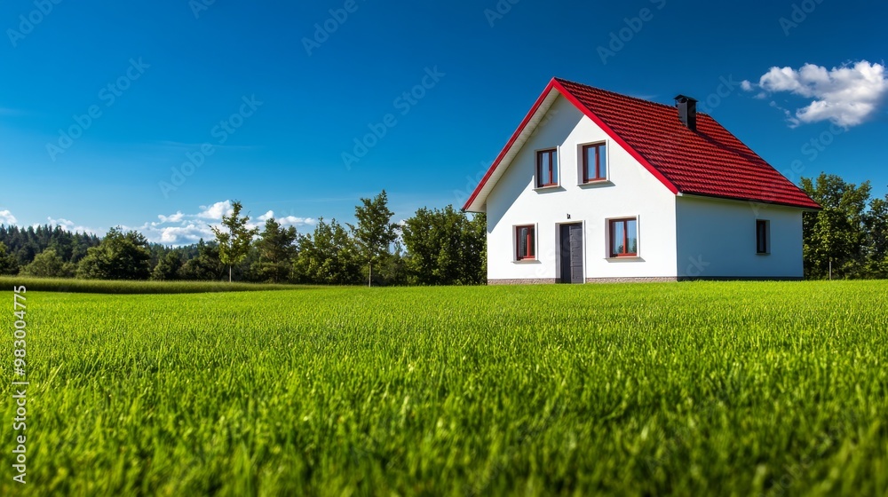 Wall mural A small white house with a vivid red roof stands proudly on a perfectly manicured green lawn, surrounded by trees under a clear blue sky