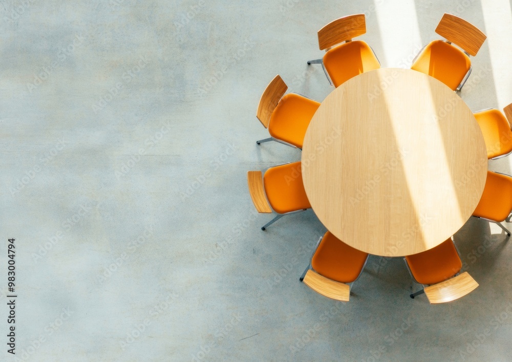 Poster minimalist overhead view of round table with orange chairs in sunlit room