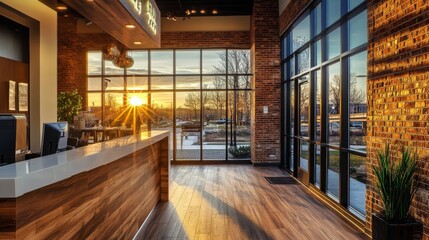 This contemporary dental clinic showcases a mix of brick and wood design elements, featuring large windows that capture the beautiful sunset, providing a warm atmosphere for patients