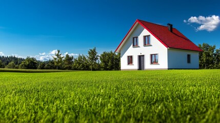 A small white house with a vivid red roof stands proudly on a perfectly manicured green lawn, surrounded by trees under a clear blue sky