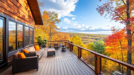 A cozy patio deck attached to a vacation home offers a breathtaking view of vibrant autumn trees, creating a serene atmosphere ideal for relaxation