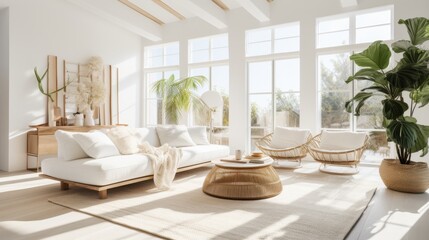 Fototapeta premium A sunlit, modern living room with large windows, white furnishings, and green plants, creating a peaceful and airy ambiance.