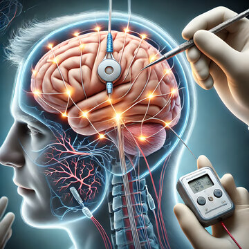 Brain anatomy: illustrating deep brain stimulation (DBS) therapy for a Parkinson&rsquo;s patient. surgeon implanting electrodes into patient's brain, targeting specific areas like subthalamic nucleus.