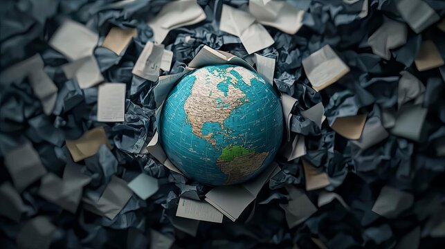 Abstract image of a digital globe surrounded by policy documents, concept of global economic governance