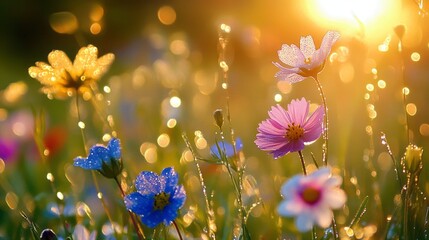 Summer Morning Magic: Dewdrops on Blooming Wildflowers