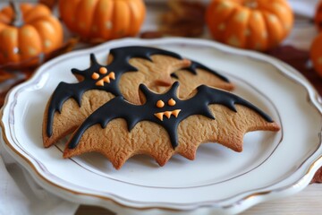 Bat-shaped halloween cookies lying on a plate