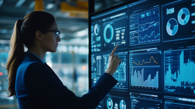 A supply chain manager reviewing digital dashboards that track sustainability metrics, including carbon emissions and energy use