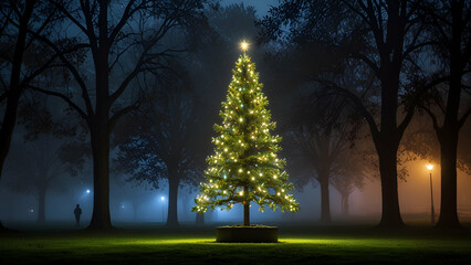  Christmas tree in a misty park for holiday events.