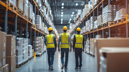 Logistics team in a warehouse implementing green supply chain practices, such as using electric delivery trucks and eco-friendly packaging