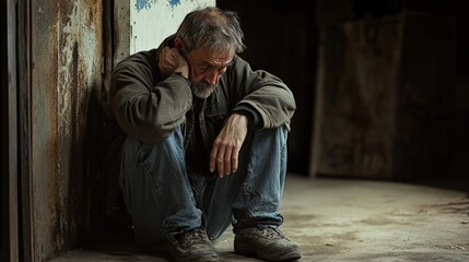 Unemployed Man Portrait. Homeless Person in Despair Expressing Poverty and Unemployment