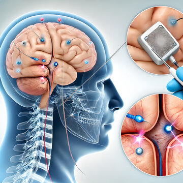 Brain anatomy: illustrating deep brain stimulation (DBS) therapy for a Parkinson&rsquo;s patient. surgeon implanting electrodes into patient's brain, targeting specific areas like subthalamic nucleus.