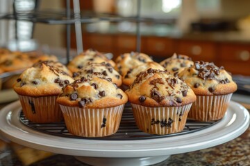 Chocolate muffins cooling on rack