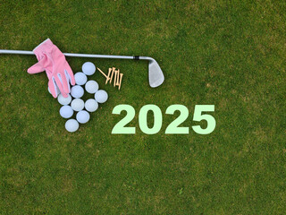 Golf accessories including a club, golf balls, tees, and a glove arranged creatively on grass game...